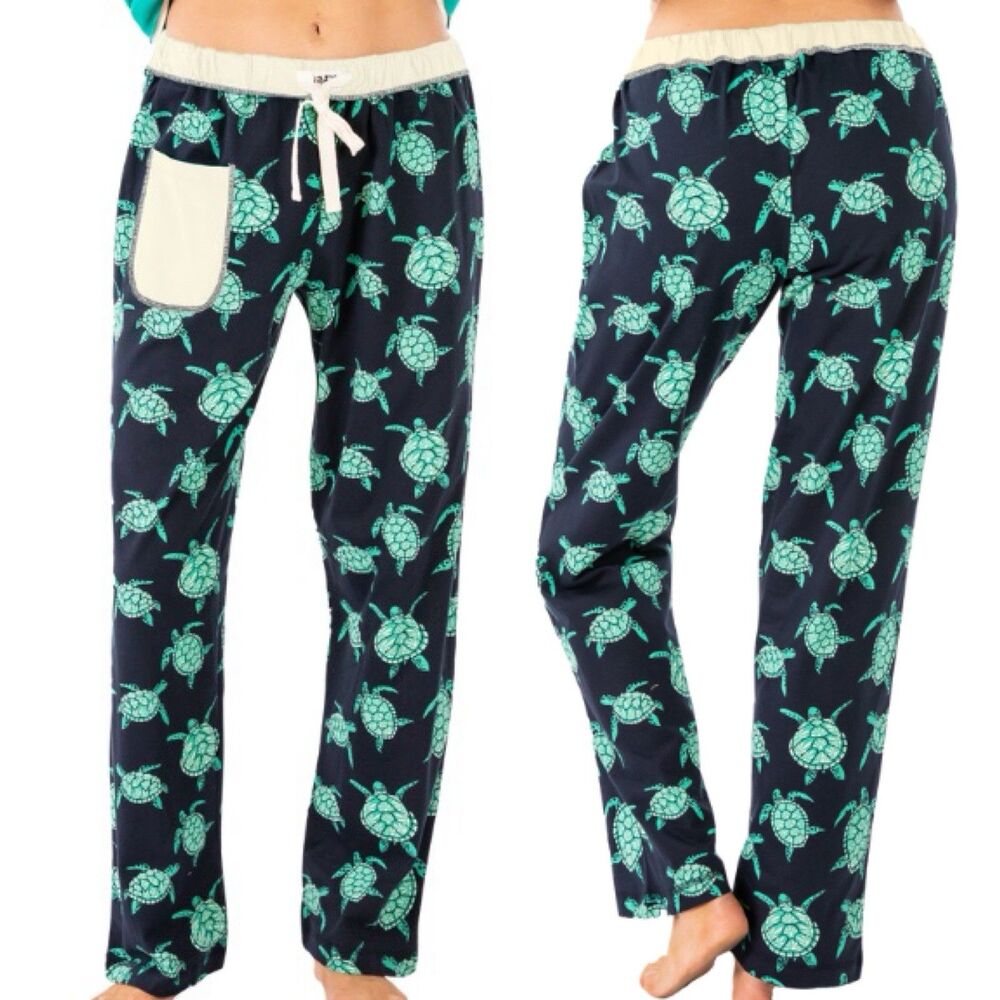 Lazy One Womens PJ Pant Navy Blue Teal Sea Turtle Cotton Pajama Bottoms Large